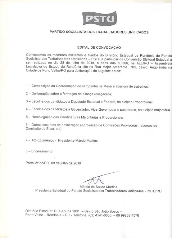 PSTU Rondônia realiza Convenção estadual neste sábado na ALE/RO para homologar candidaturas ao pleito eleitoral 2018 - Gente de Opinião