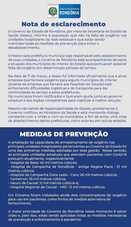 Nota de Esclarecimento do Governo de Rondônia sobre o abastecimento de oxigênio. - Gente de Opinião