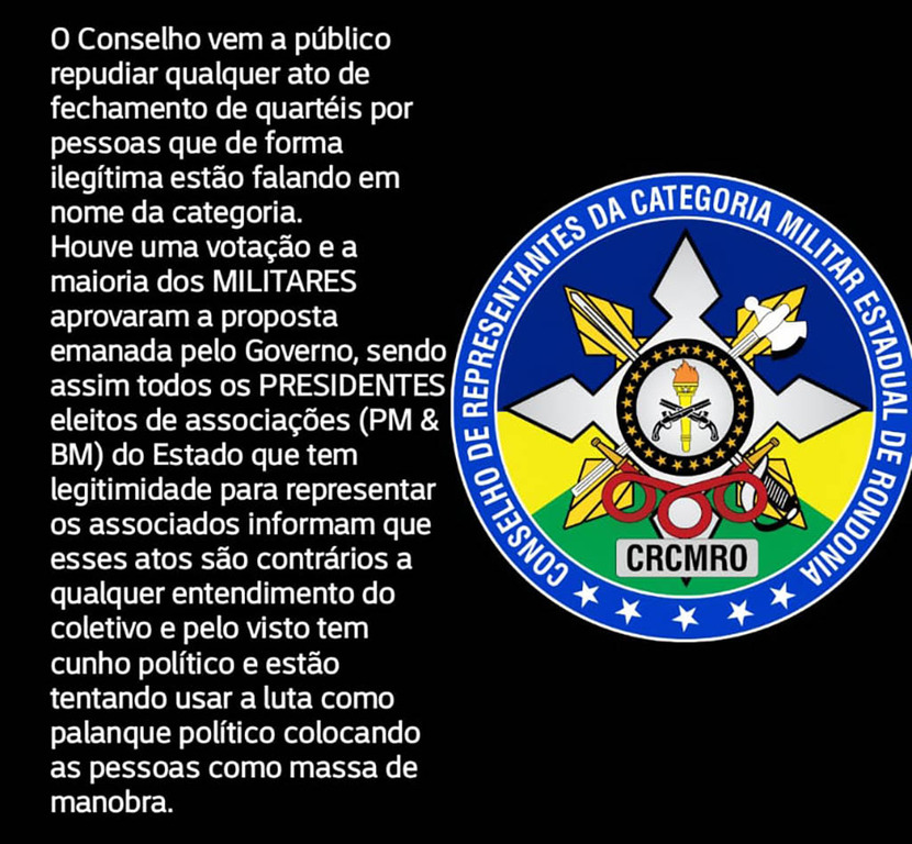Nota de Repúdio do Conselho de Representantes da Categoria Militar Estadual de Rondônia sobre o fechamento dos quartéis  - Gente de Opinião