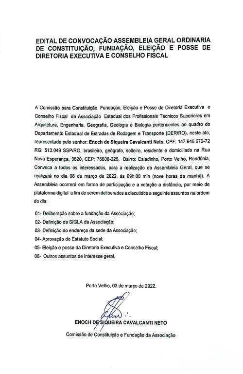 Edital de Convocação Assembleia Geral Ordinária de Constituição, Fundação, Eleição e Posse de Diretoria Executiva e Conselho Fiscal - Gente de Opinião