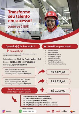 BRF abre vagas para talentos operacionais de Rondônia com entrevistas em Porto Velho