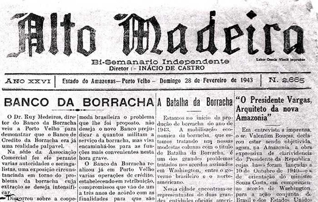 Em 1943, o jornal Alto Madeira noticiava a visita do diretor do Banco de Crédito da Amazônia (Reprodução) - Gente de Opinião