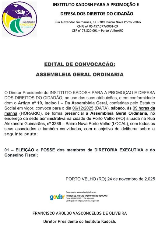 EDITAL DE CONVOCAÇÃO DO INSTITUTO KADOSH PARA A PROMOÇÃO E DEFESA DOS DIREITOS DO CIDADÃO - Gente de Opinião