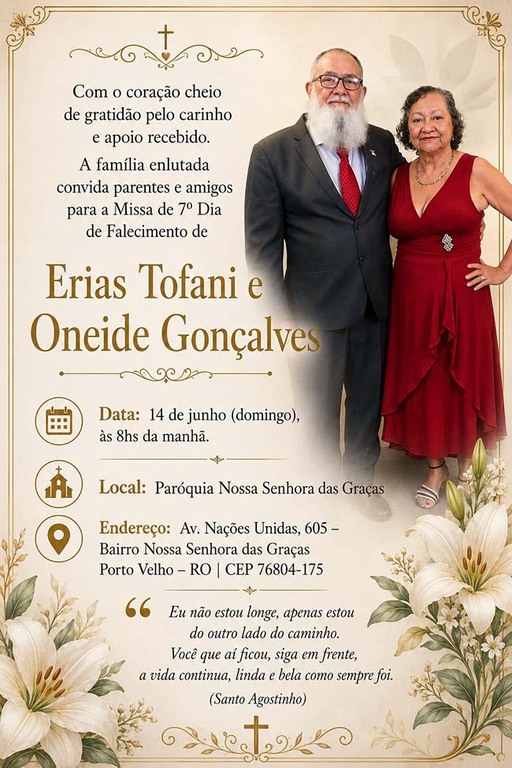 Missa de 7º Dia de Falecimento de Erias Tofani e Oneide Gonçalves - Gente de Opinião