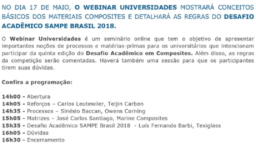 V Desafio Acadêmico em Composites SAMPE Brasil - Gente de Opinião