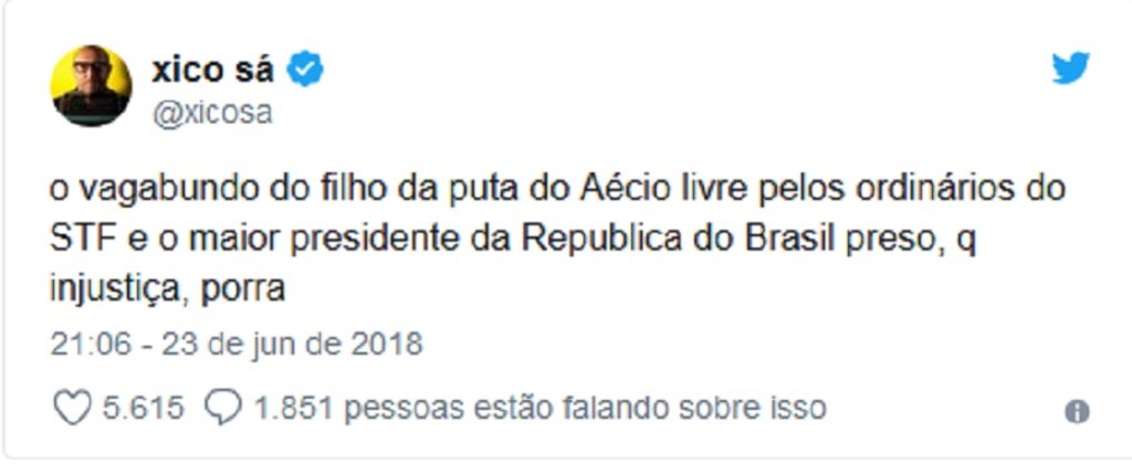 Xico Sá protesta contra injustiça escancarada: Lula preso, Aécio solto - Gente de Opinião