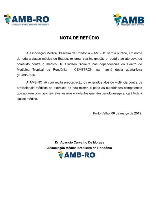 Nota de Repúdio da AMB-RO - Violência contra Médico - Gente de Opinião