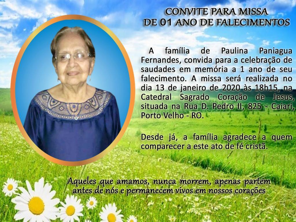 Convite para missa de 01 ano de falecimento de Paulina Paniagua Fernandes - Gente de Opinião