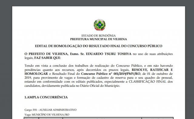 Veja o resultado final do concurso público da Prefeitura de Vilhena: homologação foi publicada - Gente de Opinião