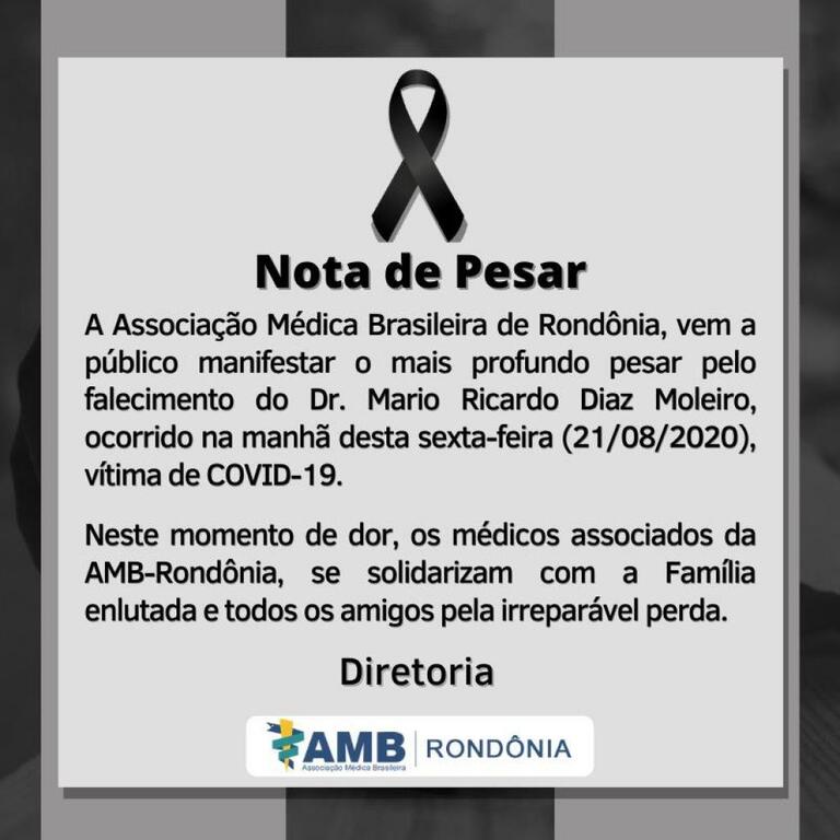 Nota de Pesar da AMB/RO pelo  falecimento do Dr. Mário Ricardo Diaz Molero - Gente de Opinião