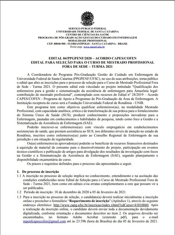 Abertas as inscrições para processo seletivo a enfermeiros para o curso de Mestrado Profissional Fora de Sede - Gente de Opinião