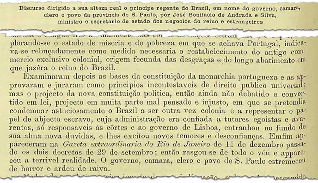 O ministro José Bonifácio denuncia a D. Pedro a ameaça de "recolonização" do Brasil (imagem: Documentos para a História das Cortes Gerais da Nação Portuguesa/Biblioteca do Senado) - Gente de Opinião