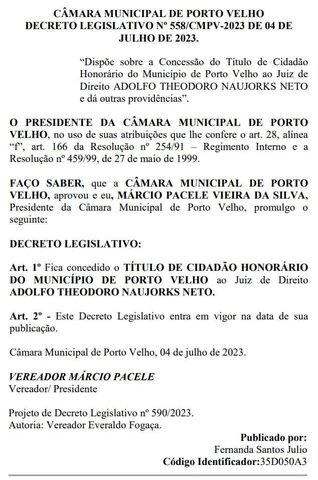 Câmara Municipal de Porto Velho aprova concessão do título ao Juiz Adolfo Theodoro Naujorks Neto em reconhecimento a sua atuação exemplar - Gente de Opinião
