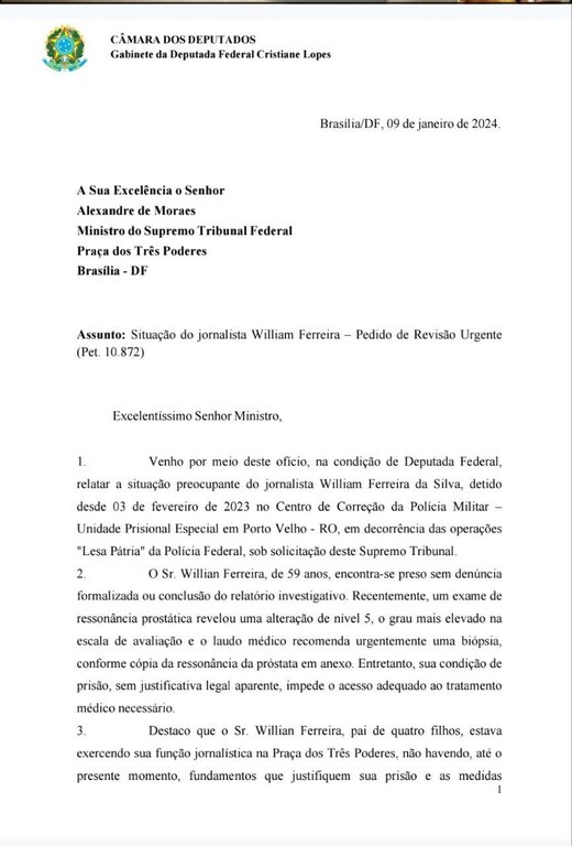 Deputada Cristiane Lopes solicita revisão urgente no caso de um jornalista rondoniense ao STF devido a sua séria condição de saúde - Gente de Opinião