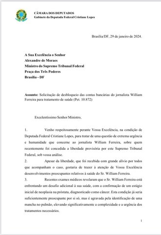 Deputada Federal Cristiane Lopes solicita ao STF o desbloqueio das contas bancárias de William Ferreira - Gente de Opinião