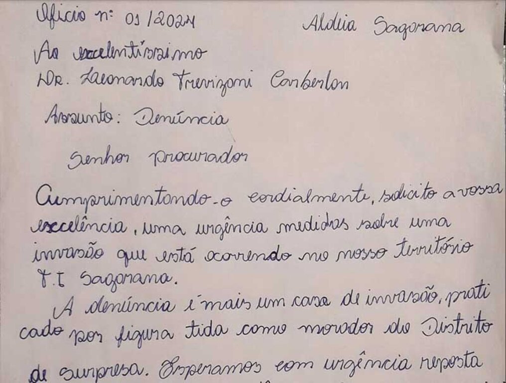 Carta enviada por indígenas ao MPF de Rondônia relatando invasão não resultou em ações efetivas até o momento. Reprodução/arquivo pessoal - Gente de Opinião