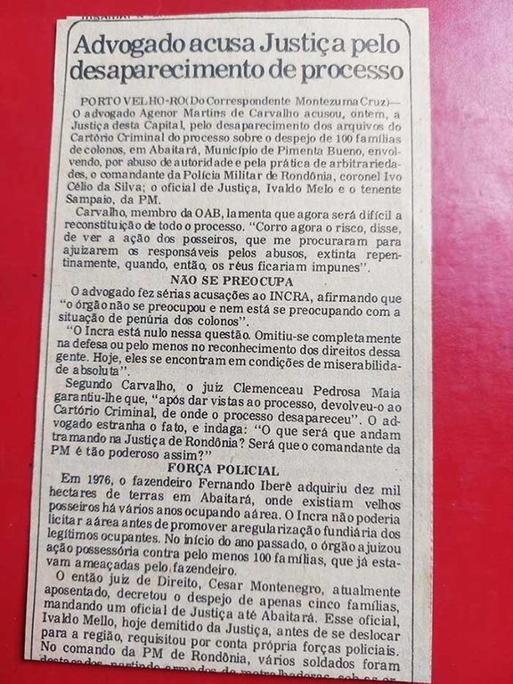 Denunciado pelo advogado Agenor de Carvalho, outro processo narrava despejo de famílias em Abaitará - Gente de Opinião