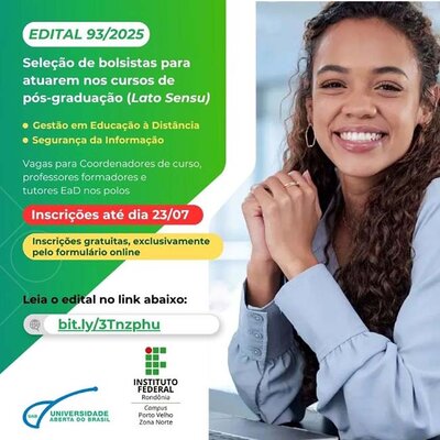 IFRO Zona Norte abre seleção de bolsistas para cursos de pós-graduação a distância