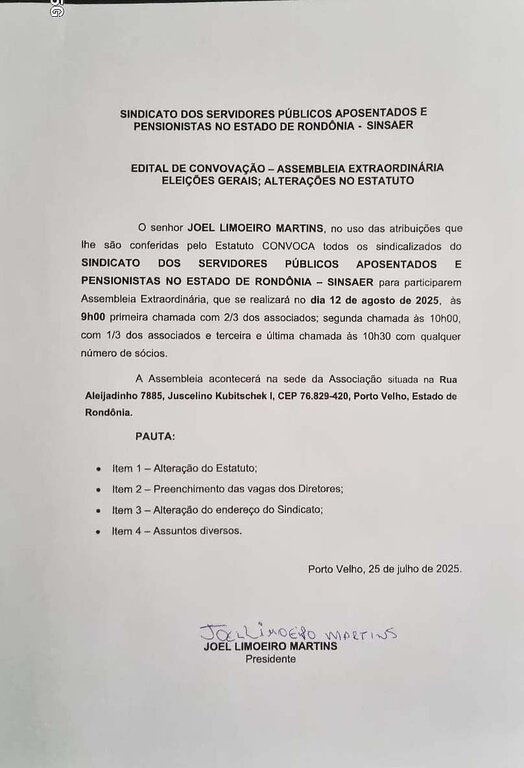 O Sindicato dos Servidores Aposentados e Pensionistas no Estado de Rondônia – SINSAER convoca - Gente de Opinião