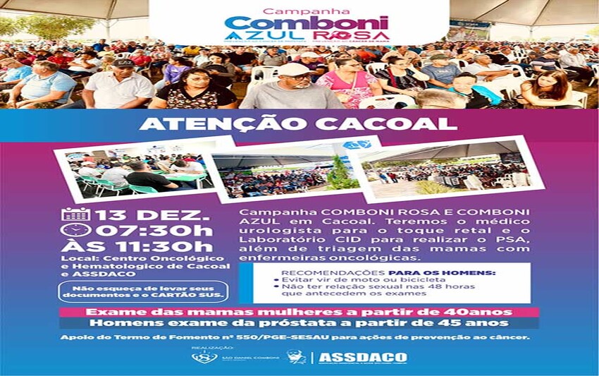 ASSDACO reforça chamado para a campanha gratuita de prevenção ao câncer neste sábado, em Cacoal