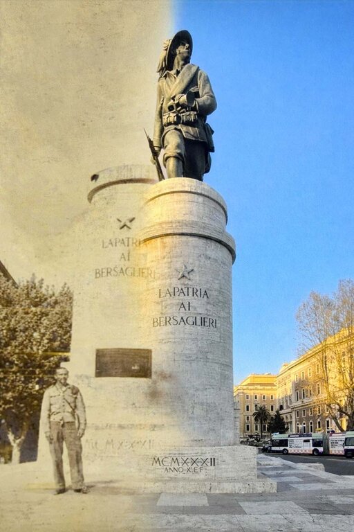Jairo de Freitas Saraiva, em momento de descanso após as operações na Itália, diante do Monumento ao Bersaglieri (“La Patria ai Bersaglieri”), localizado no Piazzale di Porta Pia, em Roma, Itália. Inaugurado em 1932, o monumento homenageia a tradicional tropa de elite italiana. - Gente de Opinião