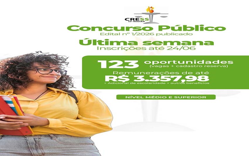 Concurso Público do CRESS-RO entra na reta final de inscrições; prazo termina em 24 de junho